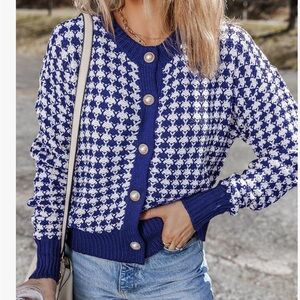 Royal Blue and White Houndstooth Pearl Button Cardigan Sweater Oversized M